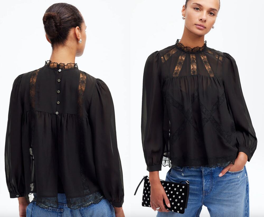 Madewell | NWT | Lace-Inset Top in Silk in True Black | Sz XXS